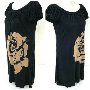 Soprano Womens Top Tunic Size Small Black Tan Rose Stretch Pullover Short Sleeve